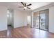 This bedroom is sunlit, has vinyl flooring and includes a sliding glass door to a private balcony at 1244 S Tacoma --, Mesa, AZ 85209