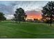 Scenic backyard view overlooking a lush golf course, showcasing mature trees, well-manicured lawns, and a colorful sunset at 11633 N 40Th Way, Phoenix, AZ 85028