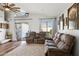 Bright living room with wood floors, a ceiling fan, comfortable sofas, and a backyard view at 13320 N 82Nd Dr, Peoria, AZ 85381