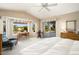 Bright main bedroom featuring large windows with backyard views and a ceiling fan at 3394 N 147Th Ln, Goodyear, AZ 85395