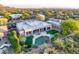 Aerial perspective of the home featuring a pool, patio, and well-manicured greenery at 9322 E Hidden Green Dr, Scottsdale, AZ 85262