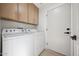 Functional laundry room with storage cabinets, washer, and dryer at 9322 E Hidden Green Dr, Scottsdale, AZ 85262