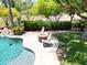 Backyard paradise featuring a sparkling pool, a cozy fire pit, and meticulously maintained greenery for outdoor enjoyment at 1092 N Roosevelt Ave, Chandler, AZ 85226