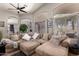 Spacious living room with vaulted ceilings, large windows, and comfortable sectional seating at 43121 W Sunland Dr, Maricopa, AZ 85138