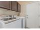 This dedicated laundry room includes shelving for storage, a door to the exterior, and a modern washer and dryer at 3349 E Merlot St, Gilbert, AZ 85298