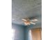 Dated ceiling fan with light kit in a room with blue textured ceiling and walls at 8022 E 1St Ave, Mesa, AZ 85208