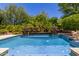 A pristine pool with tile detail, potted plants and privacy landscaping offers a backyard oasis at 30135 N 129Th Gln, Peoria, AZ 85383