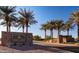 Elegant entrance to Tartesso featuring stone signage surrounded by mature palm trees at 30375 W Verde Ln, Buckeye, AZ 85396