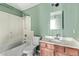 Bathroom showcasing a single vanity, a toilet, a bathtub and shower with green walls at 4004 W Myrtle Ave, Phoenix, AZ 85051