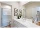 Bright bathroom featuring a modern vanity, framed bee art, and access to a tiled shower and tub at 670 W Laredo St, Chandler, AZ 85225