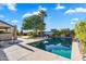 Backyard pool with lush landscaping, mature shade trees, and a pristine patio area for outdoor enjoyment at 1974 E Dubois Ave, Gilbert, AZ 85298