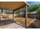 Spacious backyard with covered patio and block wall featuring lush trees and desert landscaping at 2153 E Crest Ln, Phoenix, AZ 85024