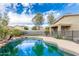Resort-style backyard pool featuring palms, privacy fence, and covered patio seating area at 28232 N Abby Cir, San Tan Valley, AZ 85143