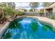 Inviting backyard pool with lush landscaping and a sleek black fence for added privacy at 28232 N Abby Cir, San Tan Valley, AZ 85143