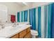 Bathroom with a sink, mirror, toilet, and a blue striped shower curtain at 44158 W Canyon Creek Dr, Maricopa, AZ 85139
