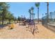 Community playground featuring modern play structures, secure fencing, and mature palm trees at 44158 W Canyon Creek Dr, Maricopa, AZ 85139