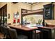 The wet bar features countertop seating and scenic views of the outdoor living spaces of the property at 7753 E Whisper Rock Trl, Scottsdale, AZ 85266