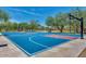 Outdoor community basketball court is painted blue and red, with mature shade trees at 32819 N 23Rd Ave, Phoenix, AZ 85085