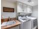 Functional laundry room equipped with a sink, countertop, and modern washer and dryer at 6701 N Scottsdale Rd # 26, Scottsdale, AZ 85250