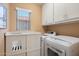 Well-lit laundry room featuring front-load washer and dryer, white cabinetry, and a functional countertop area at 8259 W Carol Ave, Peoria, AZ 85345