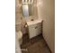 Bathroom featuring a white vanity with storage and wood-look tile flooring at 10582 W Oakmont Dr, Sun City, AZ 85351