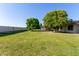 Expansive backyard with lush green grass, mature trees, and block fence at 18842 N Lakeforest Dr, Sun City, AZ 85373