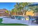 Inviting backyard featuring a custom pool, lush greenery, and comfortable seating areas under a clear sky at 2224 W Olive Way, Chandler, AZ 85248