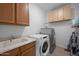 Clean laundry room featuring sink, modern appliances, and ample cabinet storage for convenience at 36515 N Takota Trl, San Tan Valley, AZ 85140