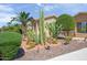 Beautiful desert landscaping featuring mature cacti, shrubs, and rock ground cover, creating a low-maintenance yard at 42311 W Good Vibrations Ln, Maricopa, AZ 85138