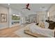 A luxurious bedroom with fireplace, TV, ceiling fan, and a king-size bed is shown at 9669 E Chino Dr, Scottsdale, AZ 85255