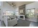 Inviting living room with vaulted ceilings, a cozy fireplace, and large windows at 1320 N Brittany Ln, Gilbert, AZ 85233