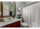 Bathroom features a single vanity, a large mirror, and a shower with a curtain rod at 4123 S Wayne Pl, Chandler, AZ 85249