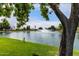 Scenic view of the neighborhood pond featuring a fountain with green grass and trees around it at 5993 W Topeka Dr, Glendale, AZ 85308