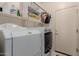 Functional laundry room with appliances, shelving, and easy access to the backyard at 115 E Spur Ave, Gilbert, AZ 85296