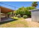 The grassy backyard includes a covered patio, mature trees, and a storage shed at 1810 N 74Th St, Scottsdale, AZ 85257