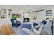 Comfortable living room with stylish blue furniture, modern shelving, and sliding glass doors at 1831 E Rovey Ave, Phoenix, AZ 85016