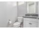 Powder room featuring modern fixtures, white cabinets, and a compact design at 1848 S Follett Way, Gilbert, AZ 85295