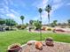 Beautiful backyard with artificial turf, palm trees, bushes, and desert landscaping at 3702 N 160Th Ave, Goodyear, AZ 85395