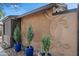 Exterior wall with three cacti in blue planters and custom stucco decorations at 1720 W Elm St, Phoenix, AZ 85015