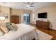 Well-appointed main bedroom with wood floors, balcony access, and a flat-screen television at 30330 N 77Th Pl, Scottsdale, AZ 85266