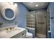 Elegant bathroom featuring blue walls, a glass block window, and a tiled glass door shower at 4079 E Shangri La Rd, Phoenix, AZ 85028