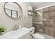 Bathroom featuring a vanity, sink, mirror, toilet, and shower with shelves at 7520 E Diamond St, Scottsdale, AZ 85257