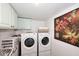 Efficient laundry room featuring modern front load washer and dryer, with functional cabinets at 7860 E Camelback Rd # 404, Scottsdale, AZ 85251