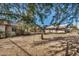 Wide view of the back yard with dirt landscaping, mature trees and buildings at 1438 S 112Th Ave, Avondale, AZ 85323