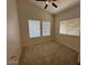 Bright bedroom with a ceiling fan, carpet flooring, and multiple windows providing ample natural light at 21192 N 80Th Ln, Peoria, AZ 85382