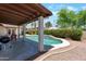 Covered patio overlooks a sparkling backyard pool surrounded by lush landscaping at 350 E Huber St, Mesa, AZ 85201