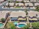 Aerial view of a private backyard with a pool, covered patio, landscaping, and block fence at 3580 W Dublin St, Chandler, AZ 85226