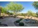 A beautifully landscaped backyard with a rock water feature, mature trees, and desert plants at 40123 N Majesty Trl, Anthem, AZ 85086