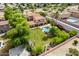 Overhead view of a home with a private pool and a spacious, verdant backyard at 7236 W Electra Ln, Peoria, AZ 85383