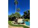 Landscaped backyard featuring a stone bridge feature, palm trees, garden, and pristine swimming pool at 7236 W Electra Ln, Peoria, AZ 85383